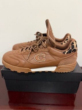 Coach Leather Sneakers Brown Leopard Trim Low Top Casual Women’s 11
